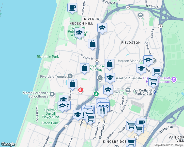 map of restaurants, bars, coffee shops, grocery stores, and more near 555 West 246th Street in Bronx