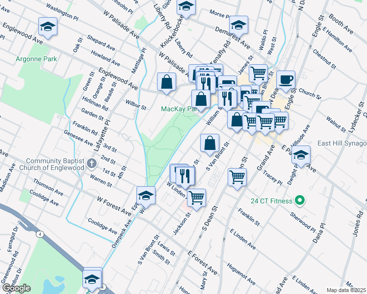 map of restaurants, bars, coffee shops, grocery stores, and more near 80 William Street in Englewood