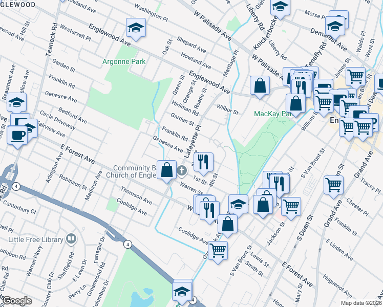 map of restaurants, bars, coffee shops, grocery stores, and more near 153 Lafayette Place in Englewood