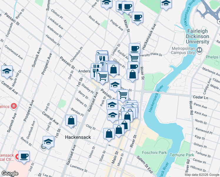 map of restaurants, bars, coffee shops, grocery stores, and more near 445 Park Street in Hackensack