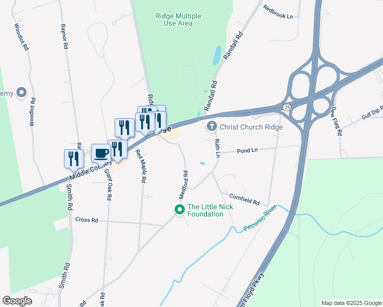 map of restaurants, bars, coffee shops, grocery stores, and more near 23 Medford Road in Ridge