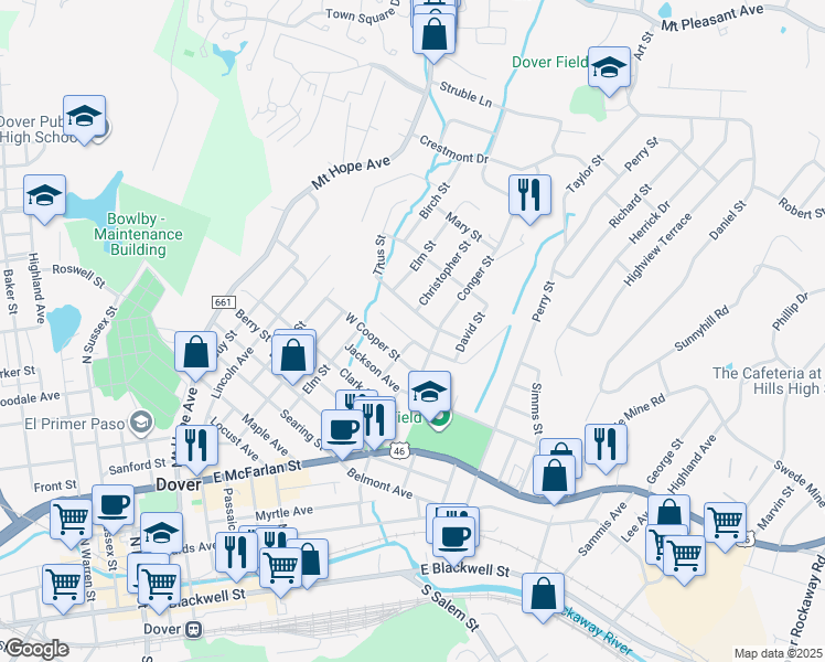 map of restaurants, bars, coffee shops, grocery stores, and more near 20 Titus Street in Dover