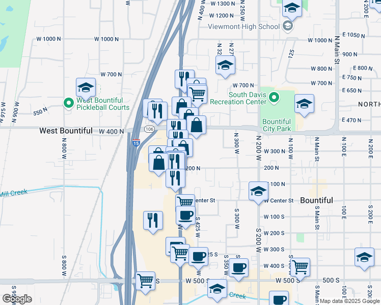 map of restaurants, bars, coffee shops, grocery stores, and more near 290 North 500 West in Bountiful
