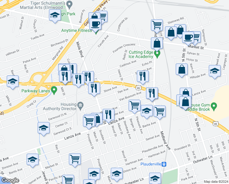 map of restaurants, bars, coffee shops, grocery stores, and more near 35 Herman Street in Elmwood Park