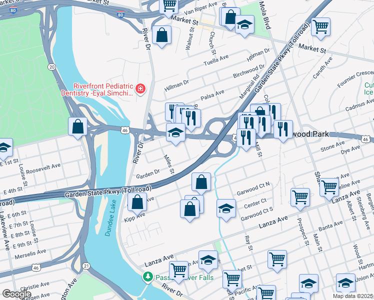 map of restaurants, bars, coffee shops, grocery stores, and more near Bank Street in Elmwood Park