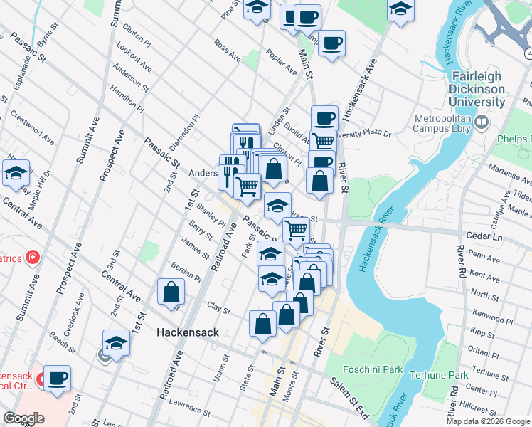 map of restaurants, bars, coffee shops, grocery stores, and more near 445 Park Street in Hackensack