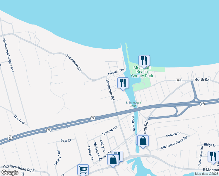 map of restaurants, bars, coffee shops, grocery stores, and more near Hubbard Street in Hampton Bays