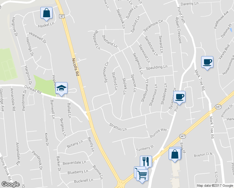 map of restaurants, bars, coffee shops, grocery stores, and more near 5 Stafford Lane in Stony Brook