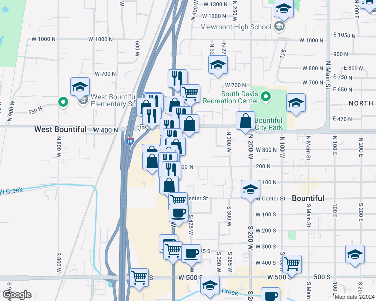 map of restaurants, bars, coffee shops, grocery stores, and more near 290 North 500 West in Bountiful
