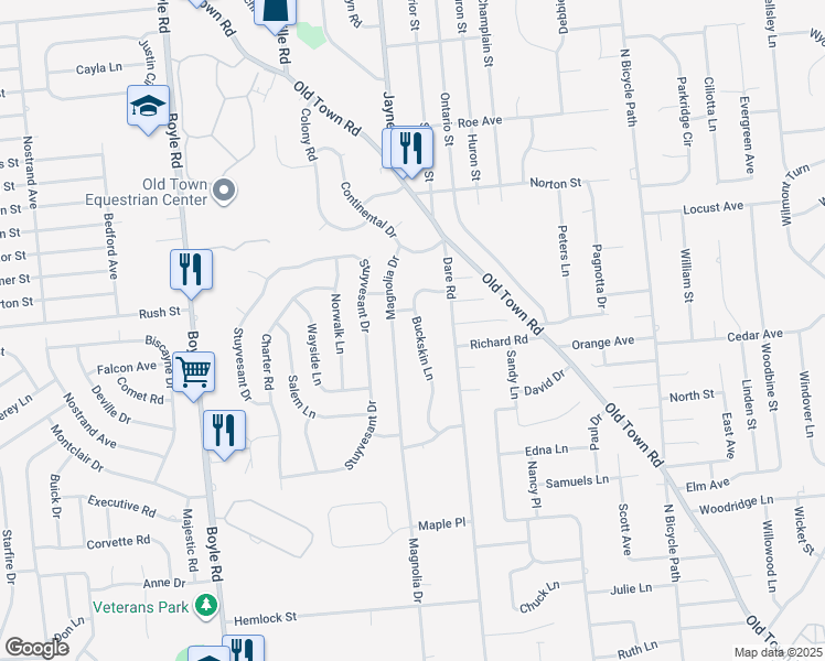 map of restaurants, bars, coffee shops, grocery stores, and more near 2 Flintlock Lane in Selden