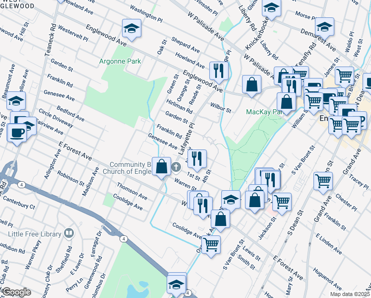 map of restaurants, bars, coffee shops, grocery stores, and more near 197 Lafayette Place in Englewood