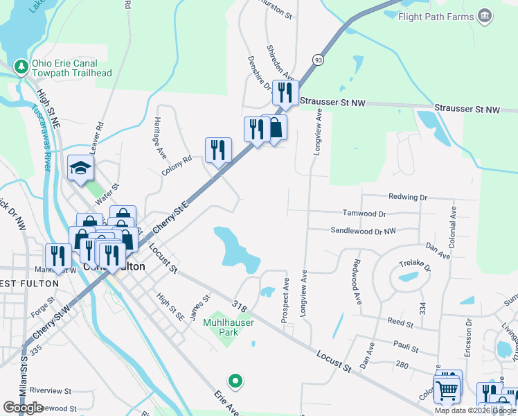 map of restaurants, bars, coffee shops, grocery stores, and more near 300 Poplar Street in Canal Fulton