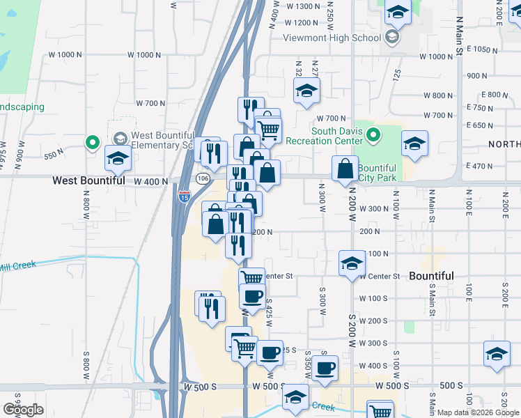 map of restaurants, bars, coffee shops, grocery stores, and more near 320 North 500 West in Bountiful