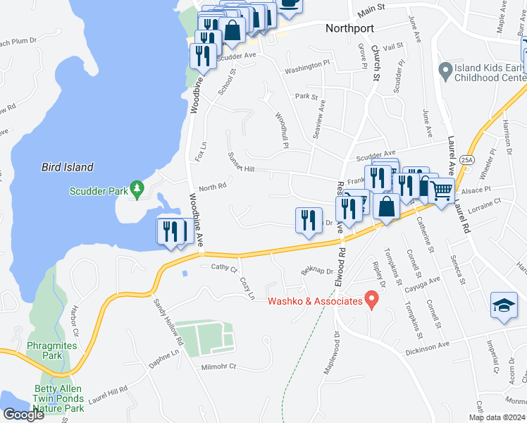 map of restaurants, bars, coffee shops, grocery stores, and more near 9 Tracey Court in Northport