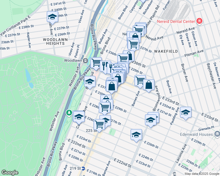 map of restaurants, bars, coffee shops, grocery stores, and more near 678 East 232nd Street in The Bronx