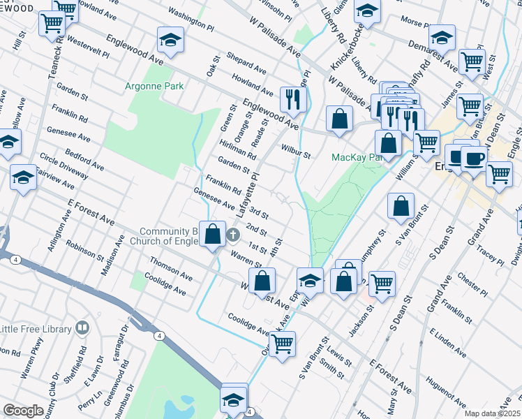 map of restaurants, bars, coffee shops, grocery stores, and more near 153 Lafayette Place in Englewood
