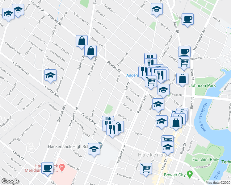 map of restaurants, bars, coffee shops, grocery stores, and more near 250 Berry Street in Hackensack