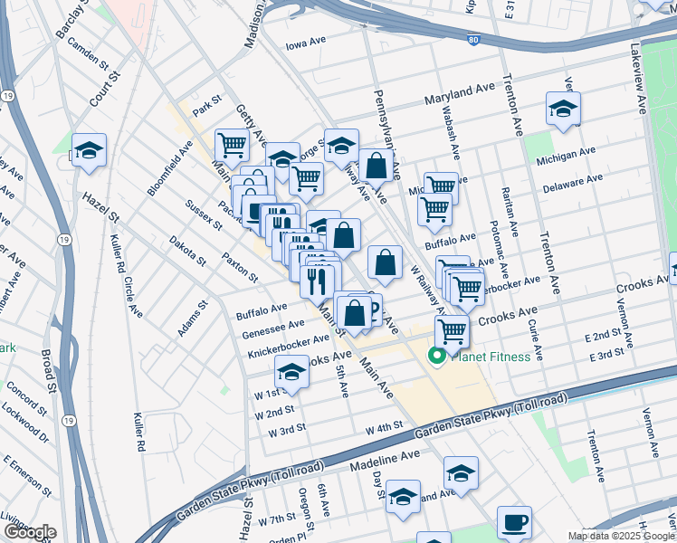 map of restaurants, bars, coffee shops, grocery stores, and more near in Paterson