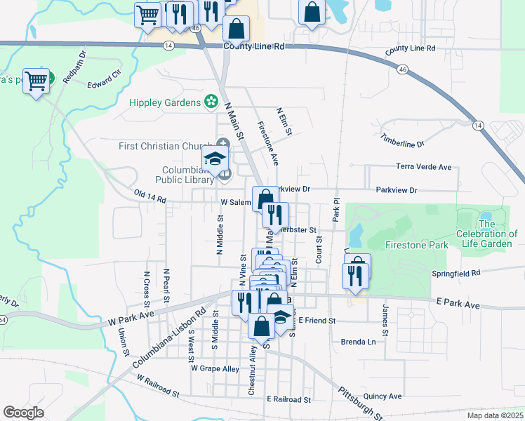 map of restaurants, bars, coffee shops, grocery stores, and more near 235 North Main Street in Columbiana
