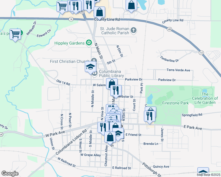 map of restaurants, bars, coffee shops, grocery stores, and more near 235 North Main Street in Columbiana
