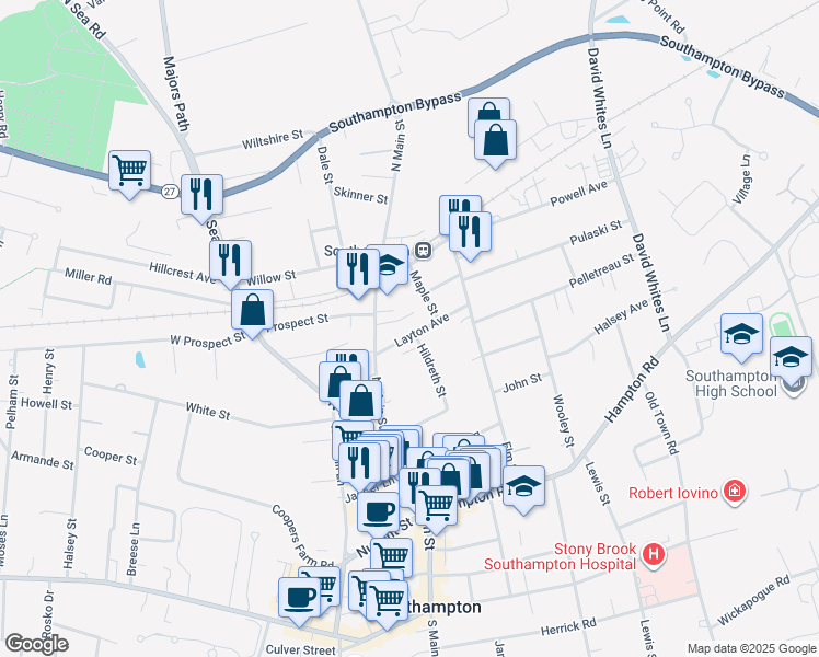 map of restaurants, bars, coffee shops, grocery stores, and more near 47 Layton Avenue in Southampton