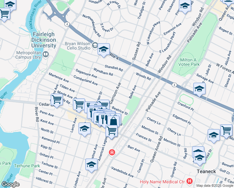 map of restaurants, bars, coffee shops, grocery stores, and more near 940 Garrison Avenue in Teaneck