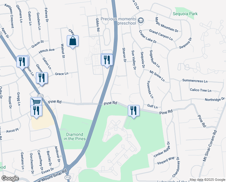 map of restaurants, bars, coffee shops, grocery stores, and more near 12 Stuart Drive in Coram