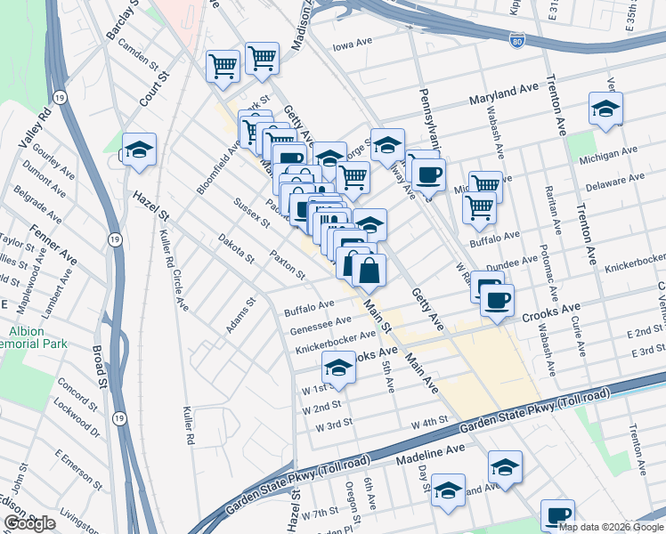 map of restaurants, bars, coffee shops, grocery stores, and more near 1042 Main Street in Paterson
