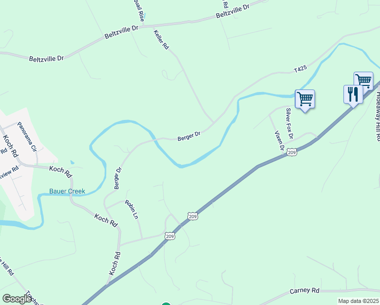 map of restaurants, bars, coffee shops, grocery stores, and more near 304 Whitey B Drive in Kunkletown