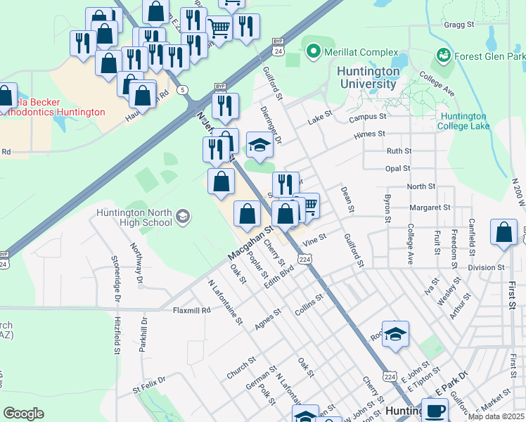 map of restaurants, bars, coffee shops, grocery stores, and more near 2100 N Jefferson St in Huntington