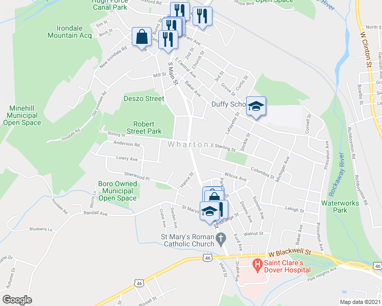 map of restaurants, bars, coffee shops, grocery stores, and more near 196 South Main Street in Wharton