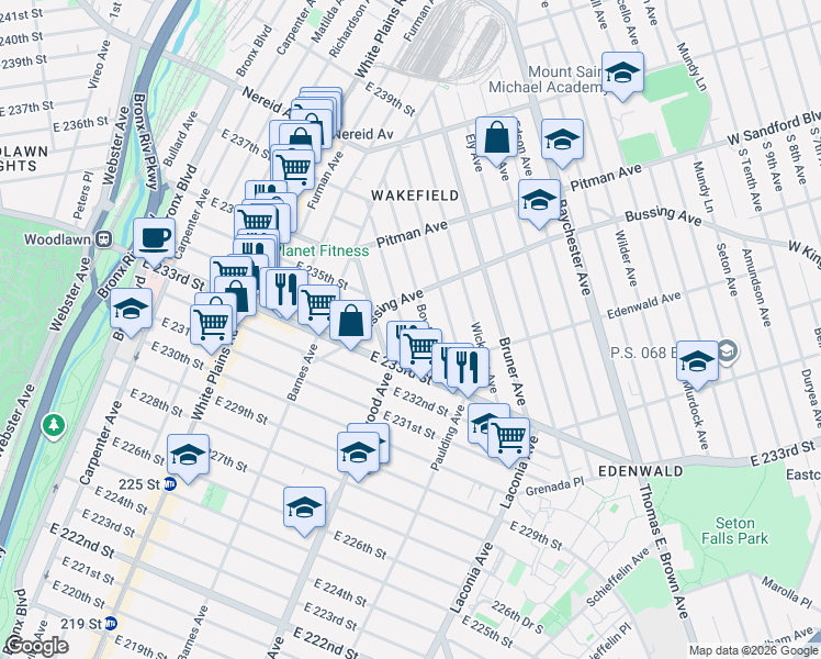 map of restaurants, bars, coffee shops, grocery stores, and more near 4154 Digney Avenue in Bronx