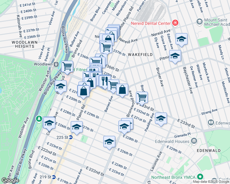 map of restaurants, bars, coffee shops, grocery stores, and more near 4204 Barnes Avenue in The Bronx