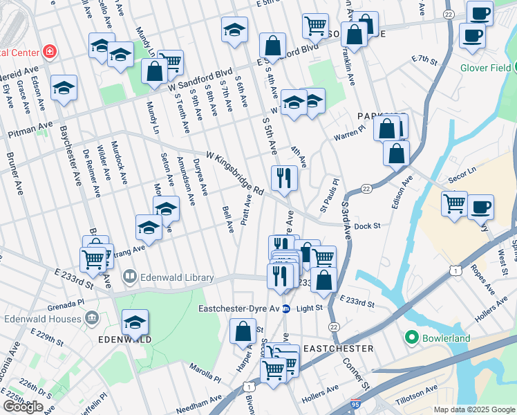 map of restaurants, bars, coffee shops, grocery stores, and more near in The Bronx