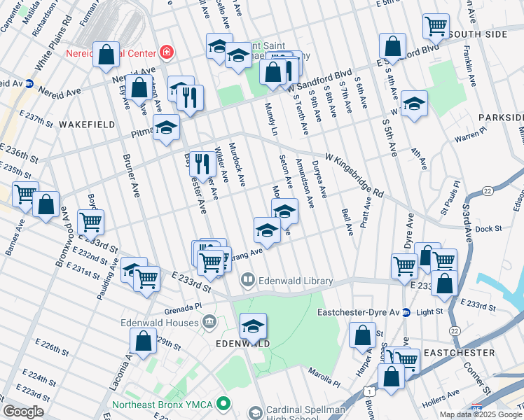 map of restaurants, bars, coffee shops, grocery stores, and more near 4074 Murdock Avenue in Bronx