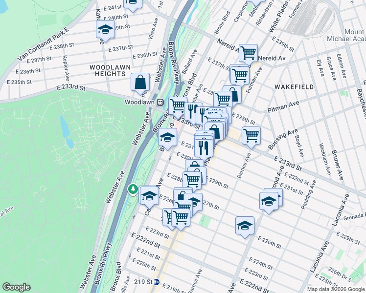 map of restaurants, bars, coffee shops, grocery stores, and more near 645 East 231st Street in Bronx