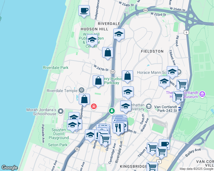 map of restaurants, bars, coffee shops, grocery stores, and more near 555 West 246th Street in Bronx