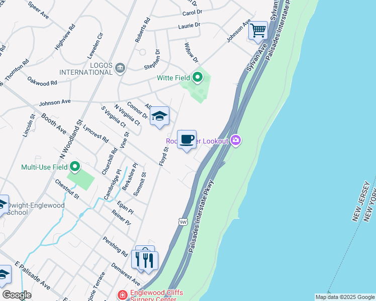 map of restaurants, bars, coffee shops, grocery stores, and more near 105 Hollywood Avenue in Englewood Cliffs