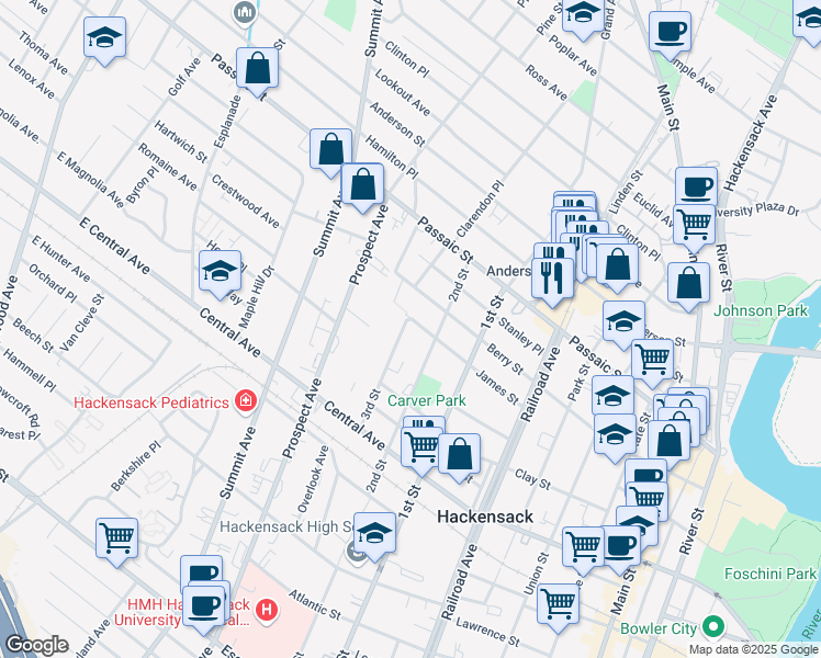 map of restaurants, bars, coffee shops, grocery stores, and more near 282 James Street in Hackensack