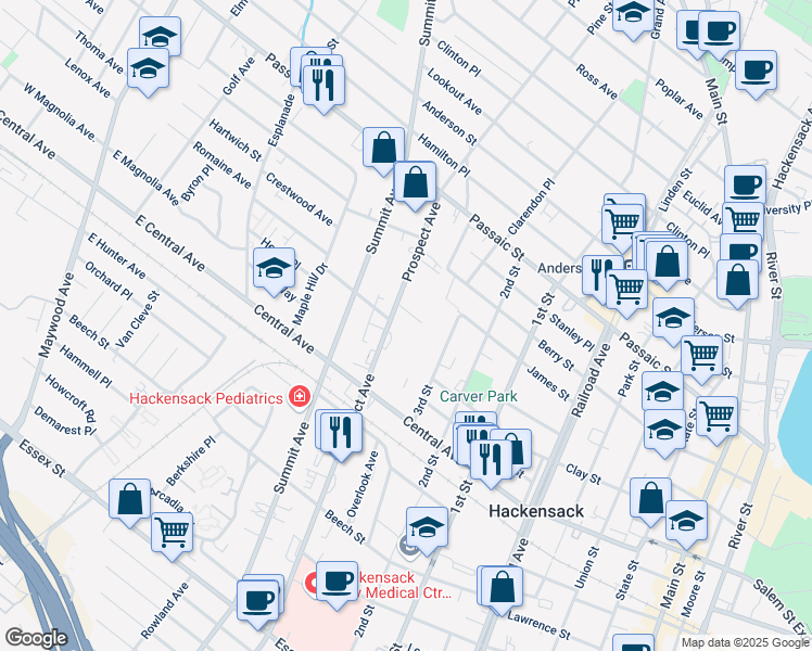 map of restaurants, bars, coffee shops, grocery stores, and more near 307 Prospect Avenue in Hackensack
