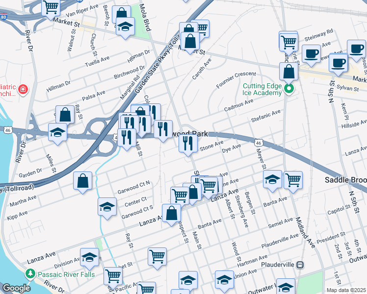map of restaurants, bars, coffee shops, grocery stores, and more near in Elmwood Park