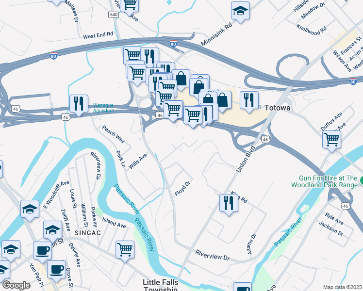 map of restaurants, bars, coffee shops, grocery stores, and more near 4 Tow Path Crescent in Totowa