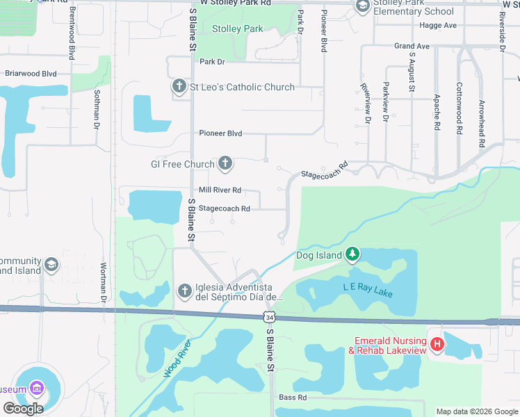 map of restaurants, bars, coffee shops, grocery stores, and more near 2701 Wagon Road in Grand Island