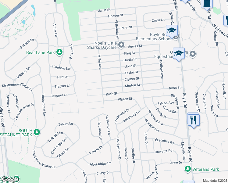 map of restaurants, bars, coffee shops, grocery stores, and more near 54 Morton Street in Port Jefferson Station