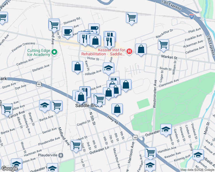 map of restaurants, bars, coffee shops, grocery stores, and more near 244 Lanza Avenue in Saddle Brook