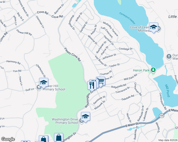 map of restaurants, bars, coffee shops, grocery stores, and more near 35 Fleets Cove Road in Huntington
