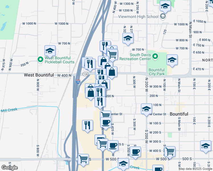 map of restaurants, bars, coffee shops, grocery stores, and more near 290 North 500 West in Bountiful