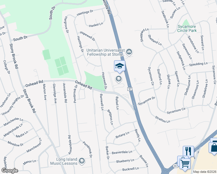 map of restaurants, bars, coffee shops, grocery stores, and more near 3 Hopewell Drive in Stony Brook