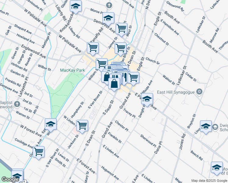 map of restaurants, bars, coffee shops, grocery stores, and more near 16 East Palisade Avenue in Englewood