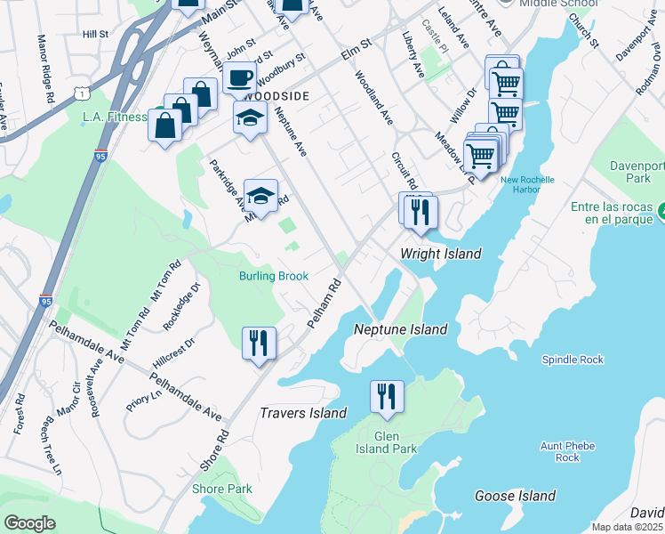 map of restaurants, bars, coffee shops, grocery stores, and more near 2 Terrace Park Lane in New Rochelle